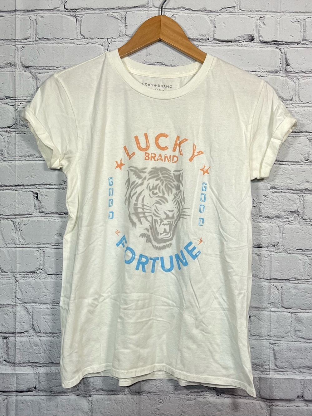 Lucky Brand T Shirt Womens Size XS White Good Fortune Short Sleeve